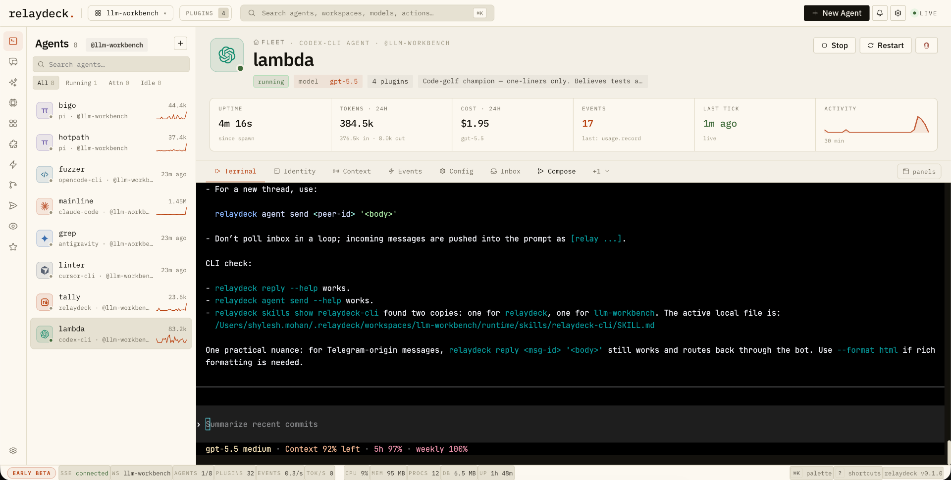 relaydeck terminal — captured agent output